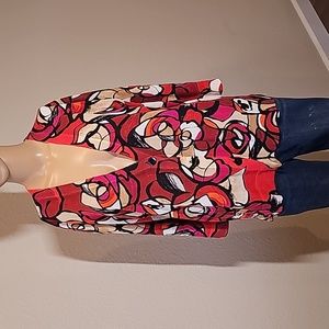 Chico's Sweater Women 2 Red Pink White Large Lightweight V Neck Cardigan